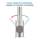 Bächlein Kitchen Faucet 360 Degree Swivel (Brushed Stainless Steel) - One-Hand Stainless Steel Sink Mixer with Flexible Neck and Shower with Switch Button, Water Tap for The Kitchen