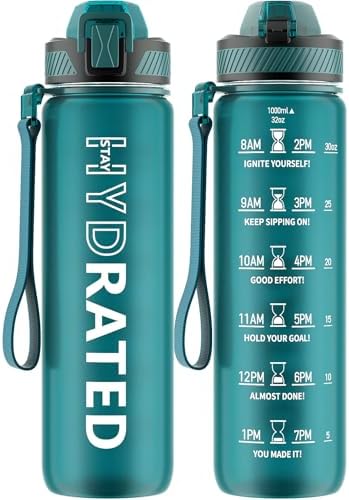 Water Bottle with Straw, 32oz Motivational Water Bottles with Time Marker to Drink, Tritan BPA Free, 1L Sports Water Bottle with Carry Strap LeakProof for Women Gym Fitness Outdoor (1 Pack)
