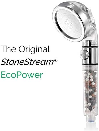 Original StoneStream EcoPower High Pressure Handheld Shower Head with ON OFF switch- 3 Spray Settings with Hose, Wall Adapter and Replacement Beads