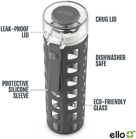 Ello Syndicate 20oz Reusable Glass Water Bottle with One-Touch Leak Proof Flip Lid and Protective Non-Slip Silicone Sleeve and Carry Loop for Coffee, Tea and Water, BPA-free Dishwasher Safe