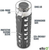 Ello Syndicate 20oz Reusable Glass Water Bottle with One-Touch Leak Proof Flip Lid and Protective Non-Slip Silicone Sleeve and Carry Loop for Coffee, Tea and Water, BPA-free Dishwasher Safe