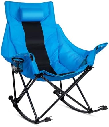VITESSE Oversized Rocking Camping Chair, Luxury Padded Recliner,Oversized Folding Lawn Chair with Pocket and Carry Bag,Outdoor Camp Rocker Chairs for Adults Heavy Duty 300 LBS (Blue)