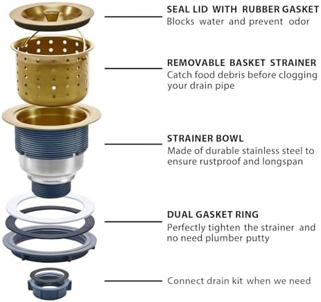KONE 3-1/2 Inch Gold Sink Drain, Durable Stainless Steel Brass Kitchen Sink Drain Assembly Kit with Sink Strainer Waste Basket/Strainer Assembly/Sealing Lid for Standard Kitchen Sink