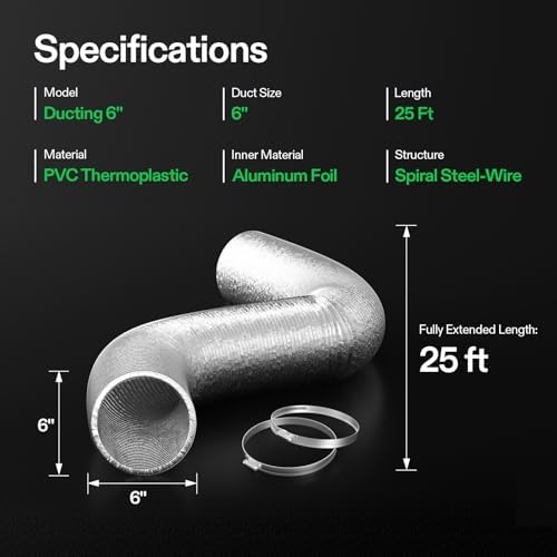 VIVOSUN 6 Inch 25 Feet Flex Air Aluminum Duct for Ventilation, 2 Clamps Included, Long Heavy-Duty Multi-Layer Dryer Hose Vent Kit, Duct Fan Systems