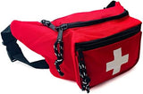 Lifeguard Fanny Pack Red with Whistle Lanyard - Baywatch Style First Aid Hip Pack, Adjustable Strap, Cross Logo + Zipper Pouch, 10 Pack
