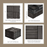 10 Pcs Interlocking Deck Tiles, Patio Flooring - Outdoor Waterproof Acacia Wood Tiles for All Weather Use - Balcony, Backyard, Indoor & Outdoor (Black, 10 Pcs - 12.1 Square Ft)