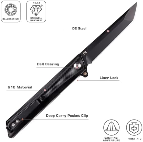 Pocket Knife GD22K, Flipper Open 3.6" D2 Steel Tanto Folding knife with Durable G10 Handle,Men Women Everyday Carry EDC Knife,Sharp Camping Hiking Daily Work Knives