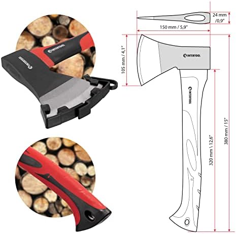 INTERTOOL Hatchet for Chopping Wood and kindling - Small Hand Axe for Camping Firewood - 15” Survival Ax - with Shock-Absorbing Fiberglass Anti-Slip Handle HT-0261