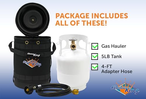 Flame King Gas Hauler Kit - Insulated Protective Carry Case, 5LB Propane Tank and Adapter Hose for Camping and Outdoor Adventures, Black/White