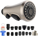 Hibbent Pull Down Kitchen Faucet Head Replacement, 3-Function Kitchen Faucet Head Sink Spray Nozzle with 15 Adapters Compatible with Moen, American Standard, Delta, Kohler Faucets, Brushed Nickel