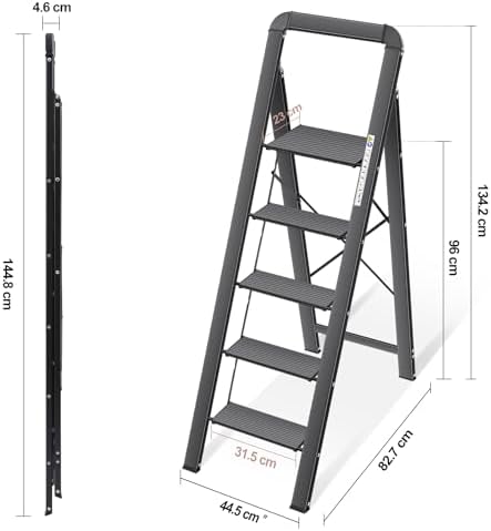 KINGRACK Aluminium 5 Step Ladder, Lightweight Step Stool with Non-Slip Pedals, Handrail, Folding Step Ladder for Kitchen, Garage, Home, Space Saving, Sturdy and Portable, Silver