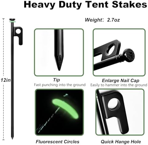24Pcs Tent Stakes, 12in Heavy Duty Tent Stakes with Storage Pouch, Forged Steel Metal Stake for Tent Used on Rocky Place, Grassland, Dessert(24Pcs, 12in, Diameter 1/4")