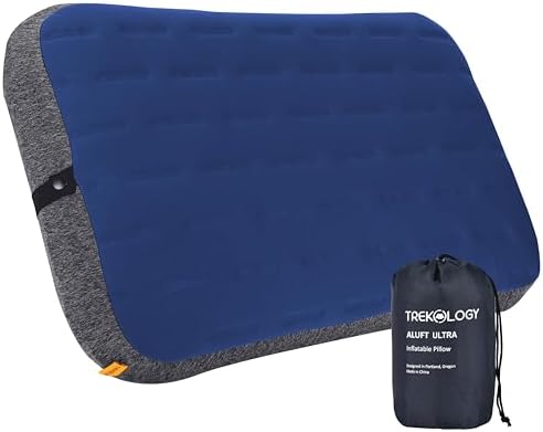 TREKOLOGY Camping Pillow - Large Inflatable (24"x15") for Home-Like Comfort, Portable & Ergonomic, Easy to Clean, Durable & Leak-Proof, Removable Strap for Secure Fit – ALUFT Ultra (Blue)