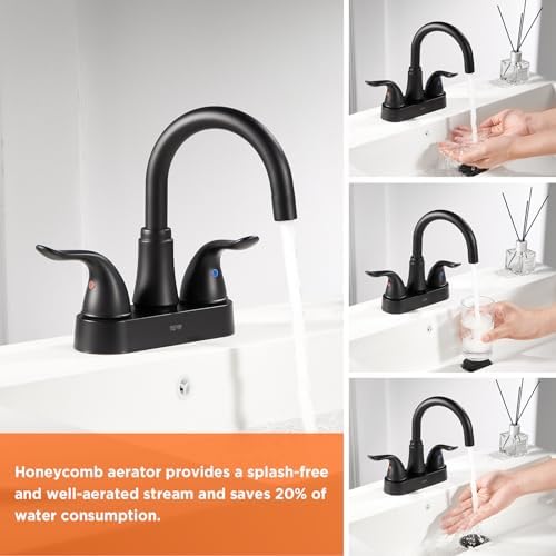 KPW Bathroom Sink Faucet 2 or 3 Hole Matte Black Centerset 4 Inch Bathroom Sink Faucet 2 Handle Plating Over ABS Plastic Non-Metallic Lavatory Bathroom Faucet with Pop up Drain Water Supply Hoses