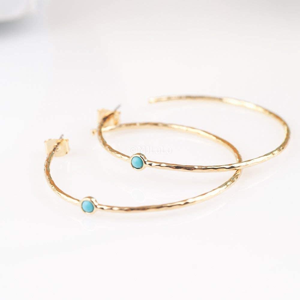 14K Gold-Plated Dainty Hoop Earrings with Simulated Blue Turquoise