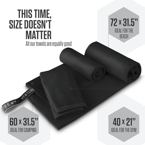 VENTURE 4TH Quick Dry Towel. Microfiber Travel Towel Ideal for Camping, Hiking, Backpacking, Gym. Lightweight & Fast Drying Travel Towels for Body. Compact & Easy to Pack - Black Extra Large