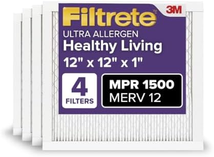 Filtrete 12x12x1 AC Furnace Air Filter, MERV 12, MPR 1500, CERTIFIED asthma & allergy friendly, 3 Month Pleated 1-Inch Electrostatic Air Cleaning Filter, 4-Pack (Actual Size 11.81x11.81x0.78 in)