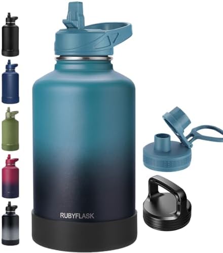 64oz Insulated Water Bottle with Straw, Half Gallon Stainless Steel Vacuum Water Jug, Large Thermos Water Bottle Flask with Leakproof 3 Lids for Travel, Camping, Gym Sports Indigo Black