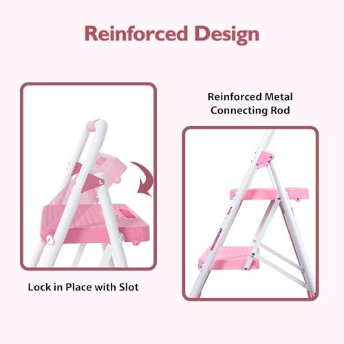 BONTEC 2-Step Ladder, Folding Step Stool, 600lbs Max Load Capacity, Sturdy Steel, Non-Slip Pedals, Lightweight, Portable Steel Ladder with Convenient Handrail, Safety Design for Home & Work, Pink