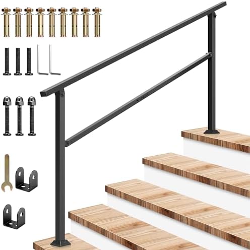 VIVOSUN Outdoor Handrail, 5 Step Stair Handrai, 69" x 36" Fits 1 to 5 Steps, Wrought Mattle Iron Handrail for Concrete Steps, Porch Steps, One-Step Assembly, Black