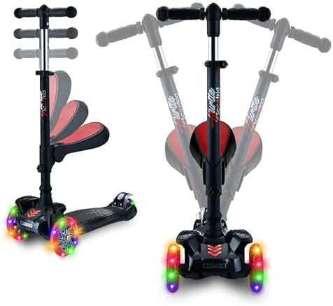 Hurtle 3-Wheeled Scooter for Kids - Wheel LED Lights, Adjustable Lean-to-Steer Handlebar, and Foldable Seat - Sit or Stand Ride with Brake for Boys and Girls Ages 1-14 Years Old