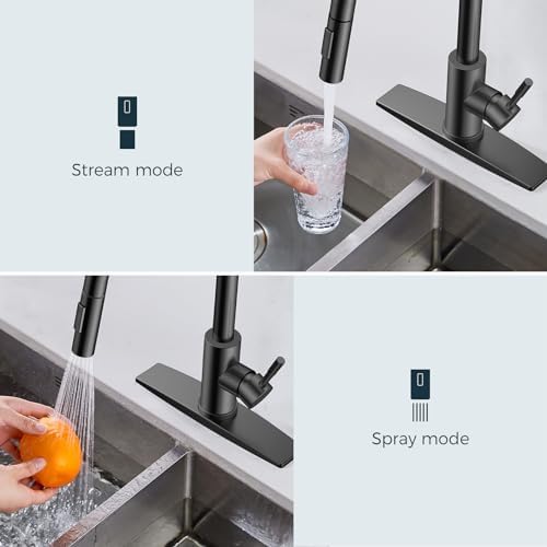 FORIOUS Black Kitchen Faucet with Pull Down Sprayer, High Arc Modern Classic Sink Faucet Stainless Steel with Deck Plate Fit for 1 or 3 Hole for Pot Filler Bar Farmhouse Laundry Rv