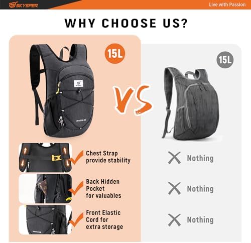 SKYSPER 15L/20L Foldable Hiking Backpack Lightweight Packable Travel Daypack with Chest Strap Small Folding Pack for Walking