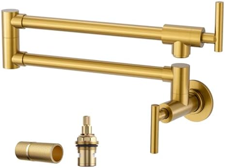 WOWOW Pot Filler Faucet Brushed Gold, Solid Brass Pot Filler Wall Mount Kitchen Stove Faucet with Double Joint Swing Arms
