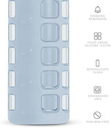 purifyou 40/32/22/12 oz Borosilicate Glass Water Bottles with Volume Markers, Silicone Sleeve, Stainless Steel Lid, Reusable Bottle for Water, Juice, Gym, and Fridge Storage (32oz Ice Blue)