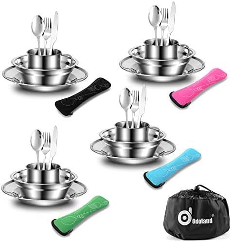 Odoland 29pcs Stainless Steel Utensils Camping Tableware Kit with Bowls Plates Cups Forks Spoons and Knives for 4, Cutlery Flatware Set for Backpacking, Outdoor Camping Hiking and Picnic