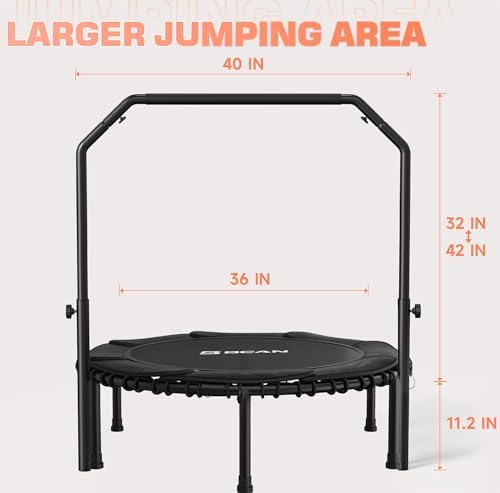 BCAN 450/550 LBS Foldable Mini Trampoline, 40"/48" Adult Fitness Trampoline with Bungees, U Shape Adjustable Foam Handle, Stable & Quiet Exercise Rebounder,Indoor/Outdoor Workout