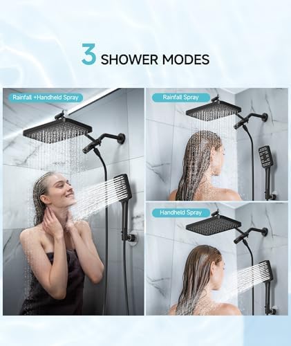 High Pressure Rain Shower Head with Handheld Spray Combo Set, Adjustable 12" Rainfall Dual Shower Head, Double&Tandem Shower Head, Waterfall Showerhead Bathroom -Matte Black