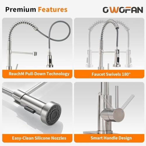 OWOFAN Kitchen Sink Faucet with Soap Dispenser, Kitchen Faucet with Pull Down Sprayer Stainless Steel Single Handle High Arc Pull Out Brushed Nickel Faucet for Bar Laundry RV Utility Sink