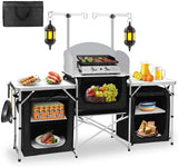 Seeutek Camping Kitchen Table Aluminum Portable Outdoor Cooking Table Foldable Camp Table with Windscreen and 3 Storage Cupboards Multifunctional for BBQ, Party & Outdoor Activities