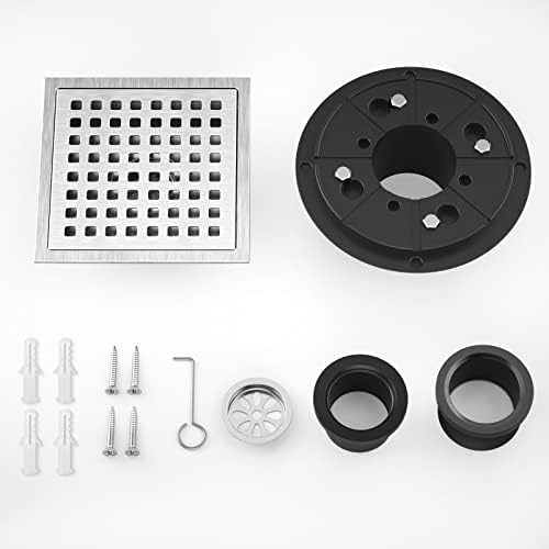 EXF 6 Inch Square Shower Drain Brushed Nickel, Stainless Steel Shower Floor Drain Kit with ABS Flange, Removable Grid Cover, Hair Strainer
