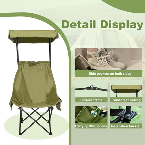 YOUNG WOOD Portable Camping Chair Beach Chair with Shade Canopy, Fold Lightweight Oversized for All, Easy to Open and Close Without Installation, Side Pocket Design for All Outdoor Activities, Green