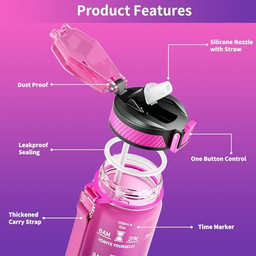 Water Bottle with Straw, 32oz Motivational Water Bottles with Time Marker to Drink, Tritan BPA Free, 1L Sports Water Bottle with Carry Strap LeakProof for Women Gym Fitness Outdoor (1 Pack)