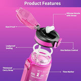 Water Bottle with Straw, 32oz Motivational Water Bottles with Time Marker to Drink, Tritan BPA Free, 1L Sports Water Bottle with Carry Strap LeakProof for Women Gym Fitness Outdoor (1 Pack)