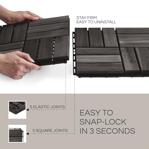 10 Pcs Interlocking Deck Tiles, Patio Flooring - Outdoor Waterproof Acacia Wood Tiles for All Weather Use - Balcony, Backyard, Indoor & Outdoor (Black, 10 Pcs - 12.1 Square Ft)