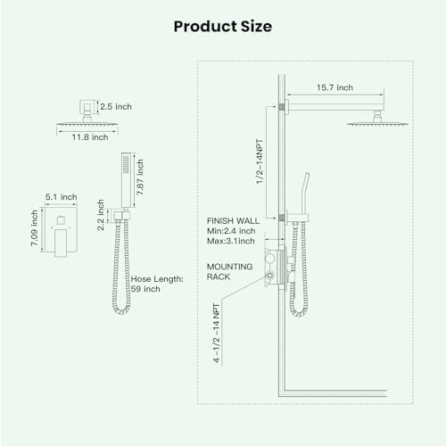 gotonovo Rainfall Bathroom Shower System Rain Shower Head and Handle Set Wall Mounted Shower Complete Combo Solid Brass Pressure Balancing Shower Mixer Valve 12 Inch Matte Black
