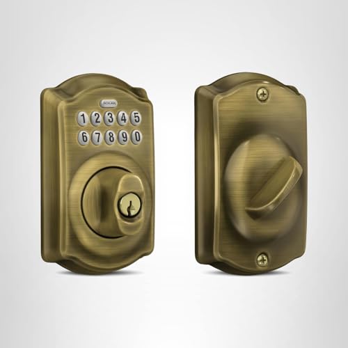 Schlage Camelot Electronic Keypad Deadbolt Lock, Keyless Front Door Entry, Mechanical Key Backup Included, Antique Brass, BE365 CAM 609