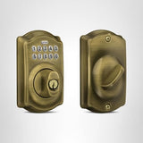 Schlage Camelot Electronic Keypad Deadbolt Lock, Keyless Front Door Entry, Mechanical Key Backup Included, Antique Brass, BE365 CAM 609