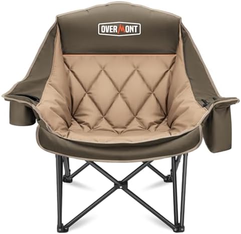 Overmont Oversized XL Camping Chair for Adults - 450lbs Support Heavy-Duty Padded Folding Chair with Side Pocket Cup Holder Cooling Bag for Outdoor Sports Garden Beach Fishing Lawn Khaki