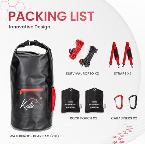 Bear Food Bag Hanging System - Ultralight 20L Waterproof Bear Bag Kit for Camping with Survival Rope, Clips, Rock Pouch, and Instructions - Perfect for Backpacking and Outdoor Adventures