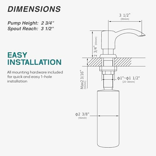 SAMODRA Built in Kitchen Sink Soap Dispenser (Brushed Nickel) with 13 oz Large PET Lotion Bottle, Refill from Top