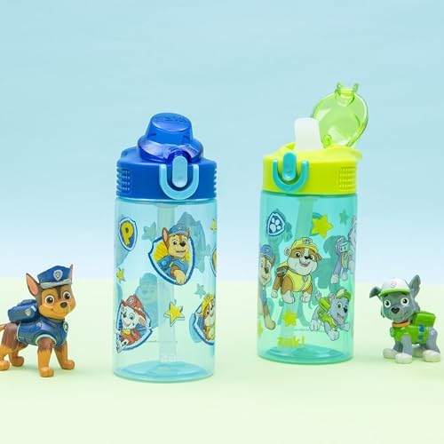 Zak Designs PAW Patrol Sage Kids Water Bottle For School or Travel, 16oz Durable Plastic Water Bottle With Straw, Handle, and Leak-Proof, Pop-Up Spout Cover, 2-Pack Set Chase & Friends