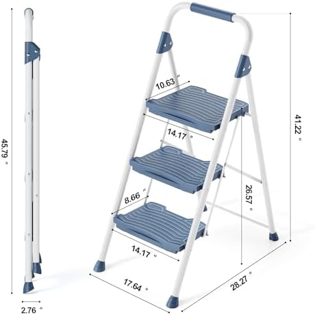 KINGRACK 3 Step Ladder, 900lbs Sturdy Step Stool with Handrail, Non-Skid Wide Pedals, Foldable 3 Stepladder with Safety Locking for Home, Garage, Garden, Office, Blue