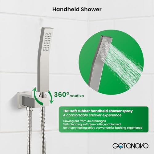 gotonovo Rainfall Bathroom Shower System Rain Shower Head and Handle Set Wall Mounted Shower Complete Combo Solid Brass Pressure Balancing Shower Mixer Valve 10 Inch Brushed Nickel