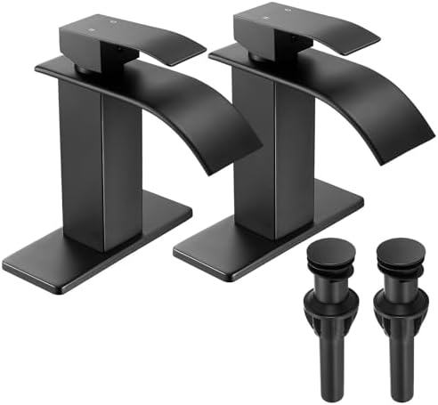 FRANSITON Black Waterfall Bathroom Faucet Lavatory Single Handle 1 or 3 Hole Bathroom Sink Faucet Washbasin Faucet with Deck and Pop-up Drain (Matte Black- Set of 2, Short)