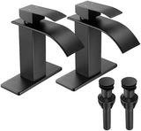 FRANSITON Black Waterfall Bathroom Faucet Lavatory Single Handle 1 or 3 Hole Bathroom Sink Faucet Washbasin Faucet with Deck and Pop-up Drain (Matte Black- Set of 2, Short)